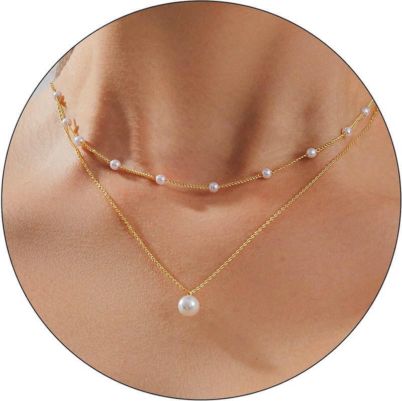 Partm Pearl Necklace for Women Trendy 14K Gold Plated Dainty Pearl Pendant Choker Set Handmade Pearl Gold Necklace Non Tarnish Simple Cute Jewelry Gifts for Women - Image 1